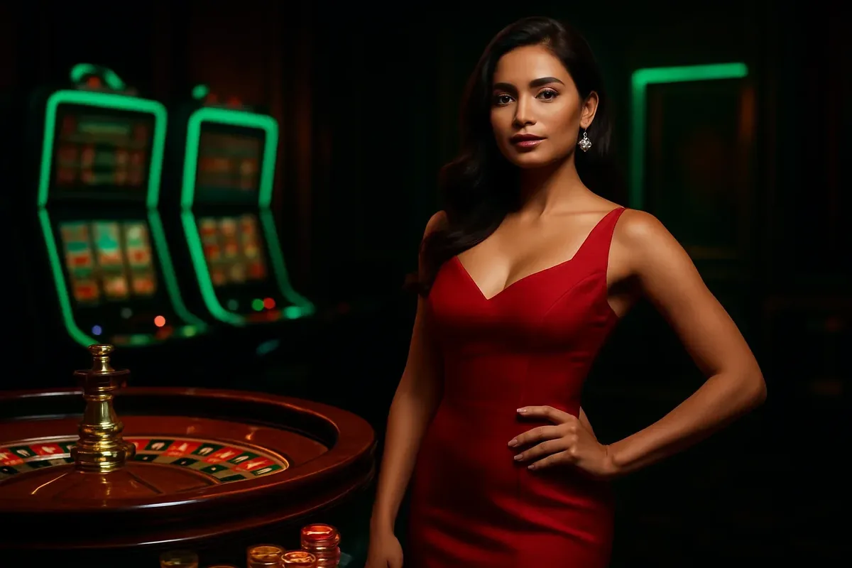 Beautiful woman in red dress posing confidently near roulette and slot machines in a luxurious Bangladeshi casino with neon accents and gold coins