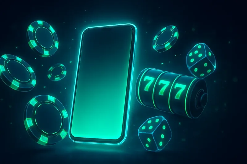 Glowing smartphone with casino chips, slot reels, and dice on dark luxurious background